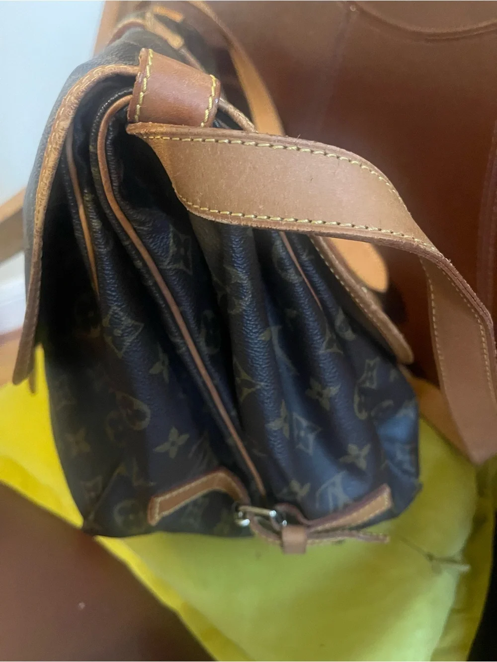 Louis Vuitton Monogram Canvas Saumur Crossbody Shoulder Bag with Tan Trim